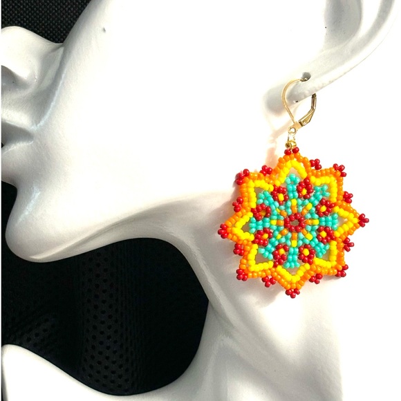 Hand Crafted Colorful Beaded Flower Chunky Earrings Turquoise and Yellow - Picture 1 of 6